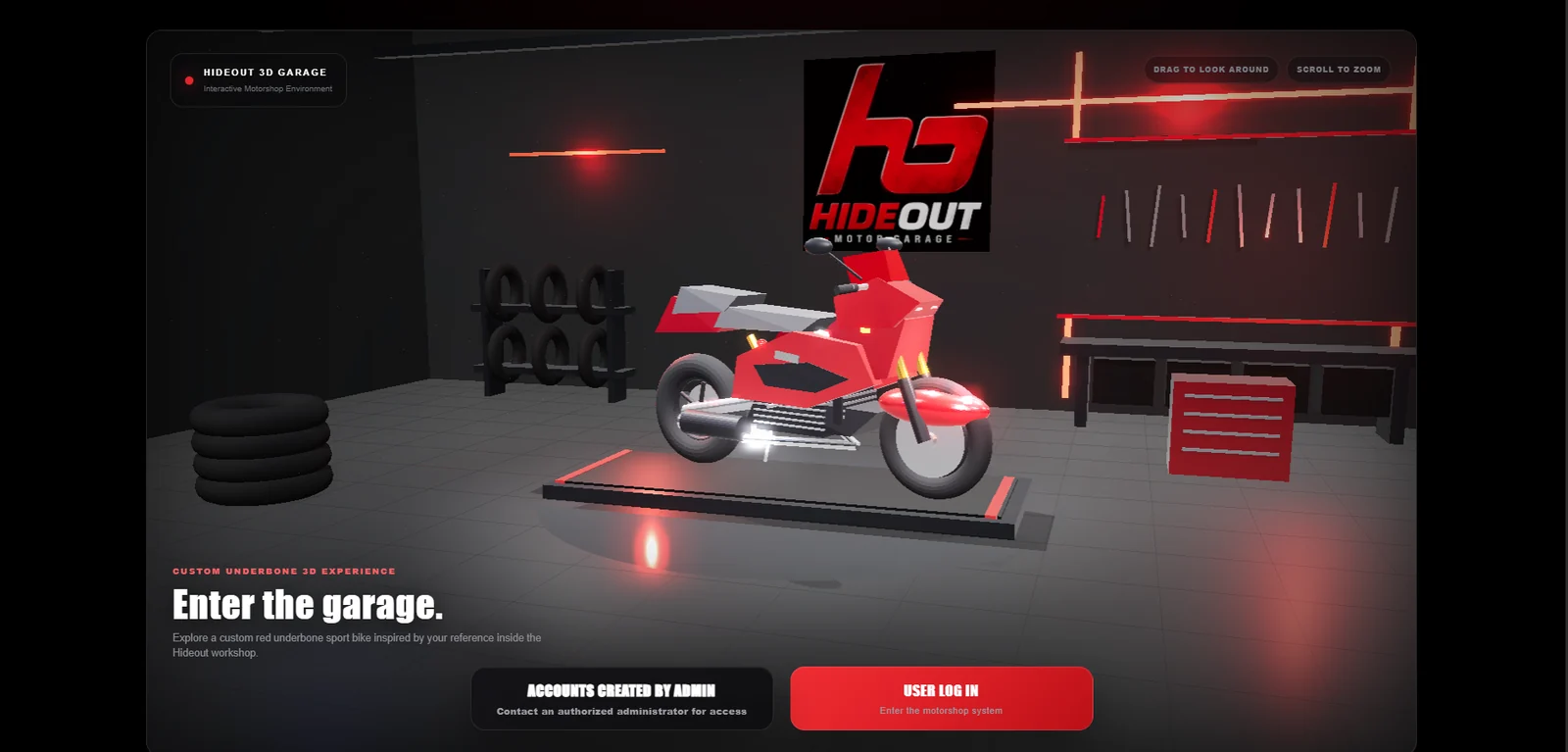 Hideout Motor Shop interactive 3D garage website